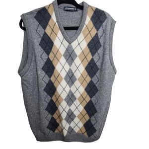 Nativeworld Gray Tan Argyle Sweater Vest Men's SZ XL Merino Wool/Silk Academia